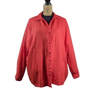 Eileen Fisher L Italian Red Linen Button Top Longline Lagenlook Coastal Grandma